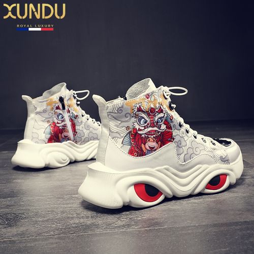 xundu高端品牌红色运动鞋男元旦跨年鞋子2022年新款高帮鞋男士春节