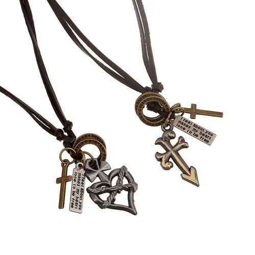 h仓- 时尚摇滚个性桃心真皮项链 复古牛皮项链 男士