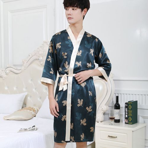 睡袍男士夏季长袖长款日式和服浴袍冰丝薄款家居服睡裙简约