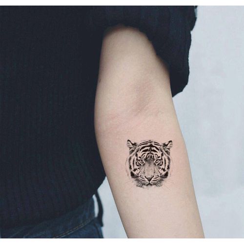 喵小姐手绘黑白老虎头图腾纹身贴防水男女仿真手臂刺青欧美纹身贴