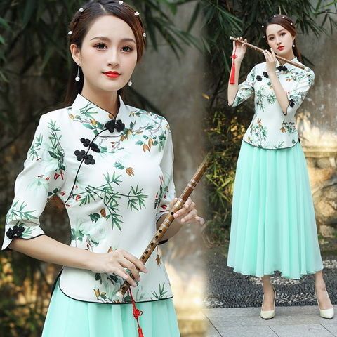 春夏改良旗袍上衣两件套套装中国民族风中式复古唐装汉服女表演服