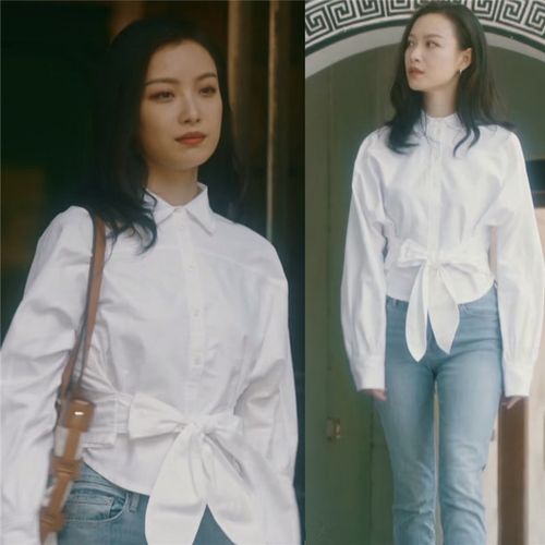 倪妮同款衣服2021秋季新款白色衬衣蝴蝶结系带宽松短