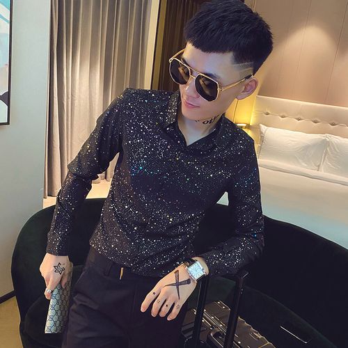 秋季精神小伙长袖花衬衫男士韩版潮流痞帅发型师百搭