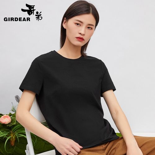 哥弟女装简约百搭棉质纯色圆领短袖基础款t恤女上衣a300854 黑 l(4码)