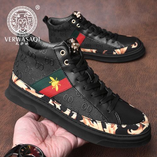 瓦萨琪冬季男鞋加绒高帮板鞋男士黑色百搭刺绣小蜜蜂鞋子男欧洲站