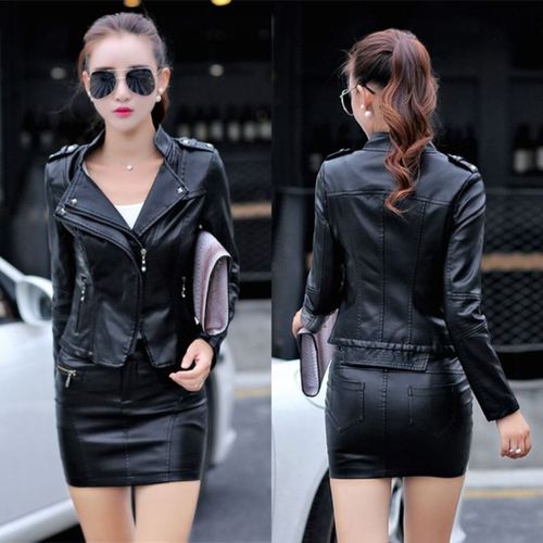 时尚pu皮裙套装女春秋冬韩版修身显瘦休闲包臀裙皮衣外套女两件套