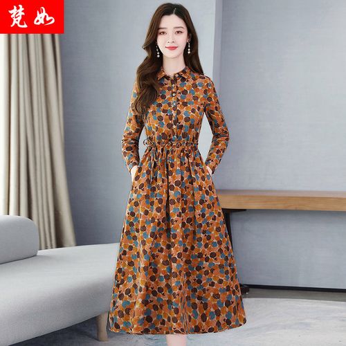 连衣裙春季新款女装韩版春秋印花过膝大裙摆长裙2020长袖棉麻裙子