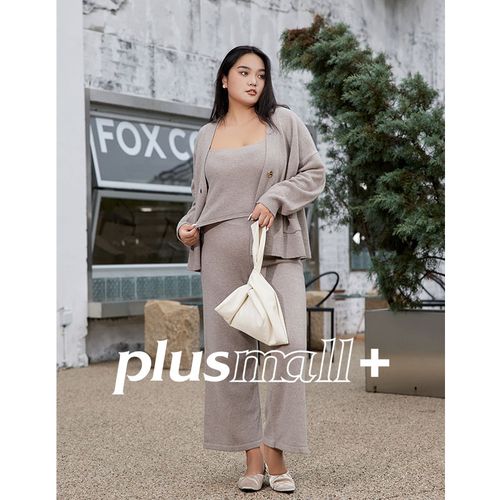 plusmall大码女装秋冬粗纺羊毛针织开衫吊带裤子套装三件套