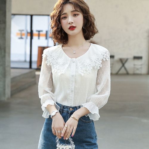 七分袖雪纺衫女2020秋夏新款娃娃领衬衫白色仙气上衣时尚洋气小衫