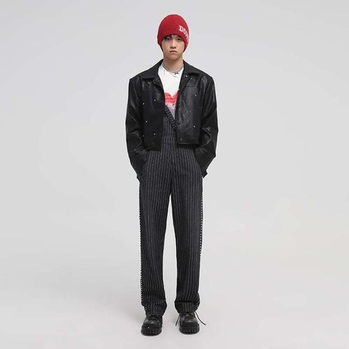 dnt/韩火火1 少年感爆棚 龄复古减松竖条纹侧宽边圆仔钉牛背带裤