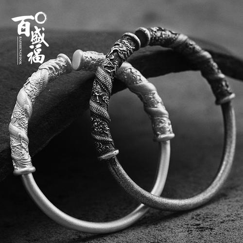 金箍棒手镯纯银999男士祥云霸气龙纹圆柱手环饰品实心古法传承