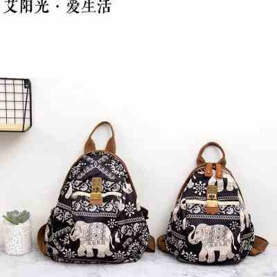 新款大象图双肩包女旅行体闲小号轻便森系印花复古背包布火热促销