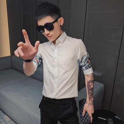 白色七分袖衬衫男夏季潮流免烫x百搭修身发型师痞帅尖