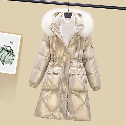 冬季加厚中长款连帽羽绒服女2021新款韩版宽松大毛领白鸭绒外套女