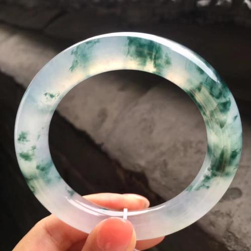 t520-6果敢翡翠 55高冰飘花翡翠手镯玉镯玉手镯圆条玉石手镯