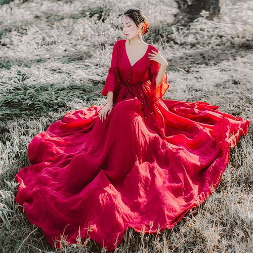 红裙女2020年夏文艺大红色雪纺连衣裙度假旅游拍照沙漠海边长裙仙