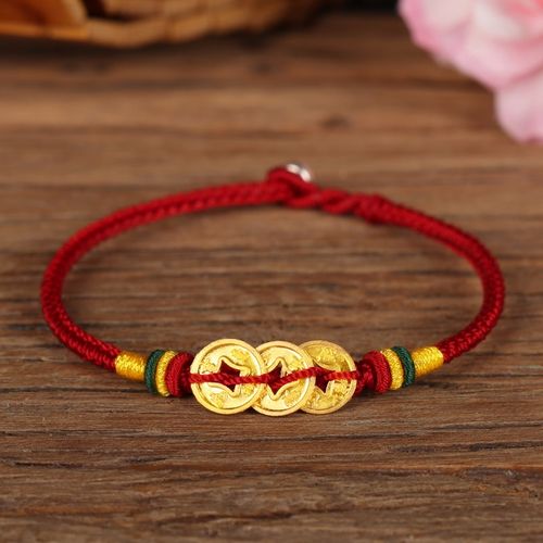 小瑞绳饰手作黄金转运珠手绳足金铜钱路路通黄金手链小清新情侣红绳