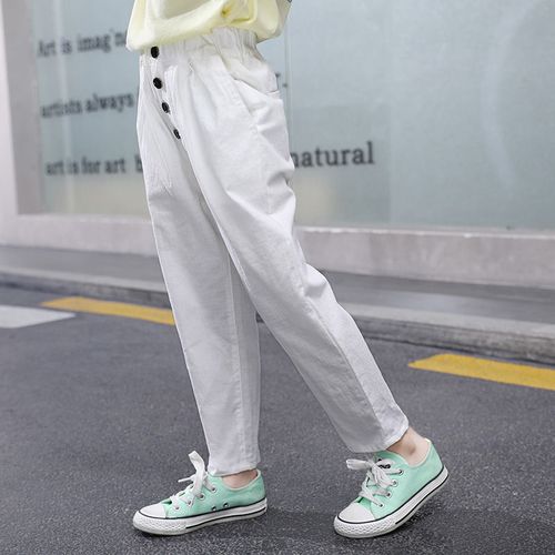 春夏季女童裤子2021新款韩版白色粉色长裤休闲纯棉防蚊裤蓝色牛仔