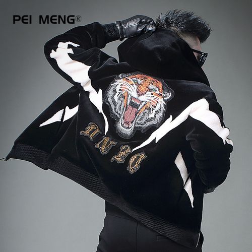 peimeng 香港潮牌欧洲站男装皮毛一体男冬季海宁皮衣羊羔毛翻领刺绣