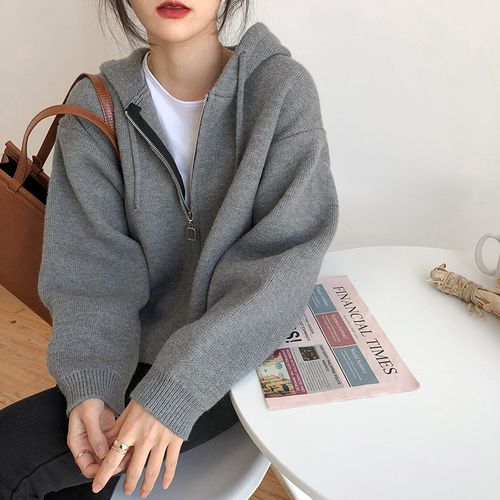设计感拉链连帽针织卫衣帽衫2021秋冬新款洋气毛衣开衫外套女宽松