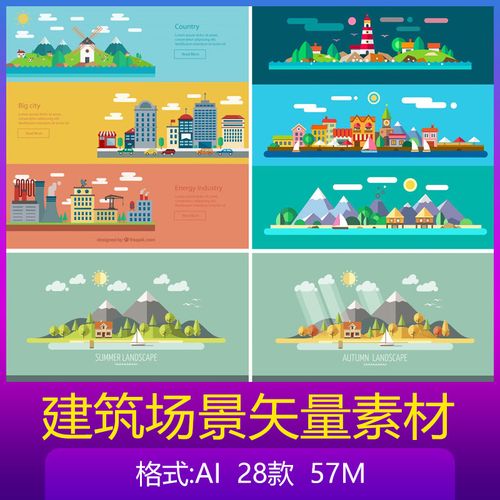 简约时尚建筑海岛城市场景扁平化卡通插画元素材eps矢量源文件