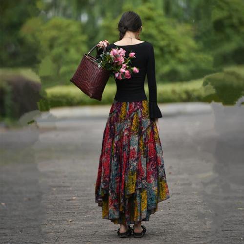 【晚霞】素心自制新款民族风长裙女春秋印花棉麻大摆裙半身裙包邮