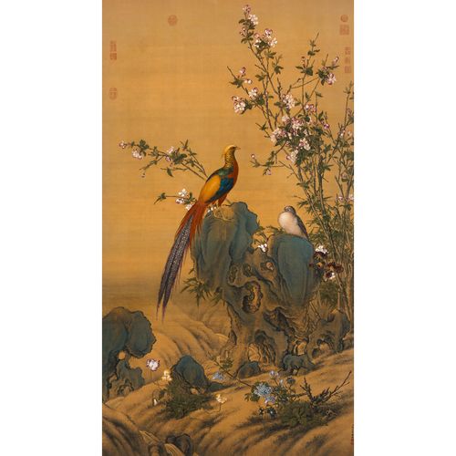 姿翰超高清微喷装饰画 清代 郎世宁 工笔花鸟画 锦春图 吉利中堂 绢本