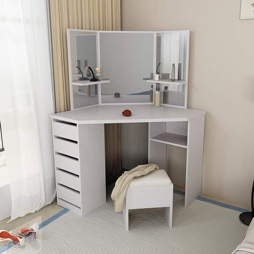 北欧卧室转角梳妆台现代简约收纳柜卧室一体化妆桌墙拐角化妆台