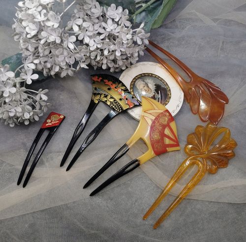 日本海外欧洲回流vintage中古树脂仿有机甲莳绘螺钿发簪簪子发饰