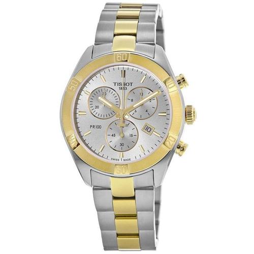 天梭tissot女款石英表|pr 100 chronograph silver dial two-tone