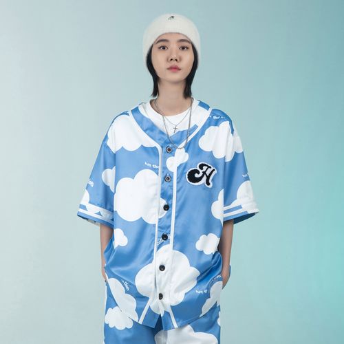htcu蓝天白云棒球服开衫夏季短袖宽松情侣男女宽松休闲衬衫ins潮