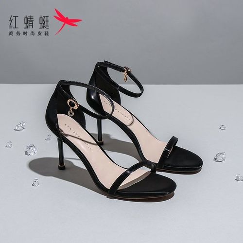 红蜻蜓女鞋一字带凉鞋女黑色夏季新款细跟时装高跟鞋露趾包跟凉鞋