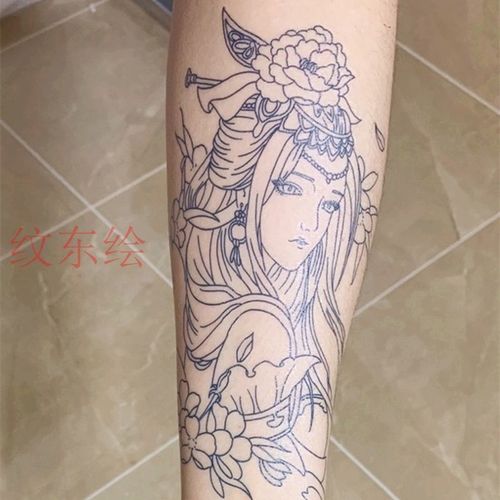 割线虞姬线条刺青色艺妓花臂纹身贴貂蝉滴泪艺伎纹身防水持久逼真
