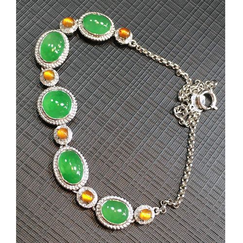 玉佳佳 冰绿鸽子蛋翡翠手链 蛋面翡翠手饰18k金镶钻石