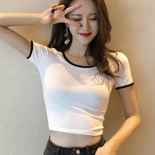 白色短款短袖t恤女爵士舞高腰紧身漏脐装性感肚脐衣服露脐上衣