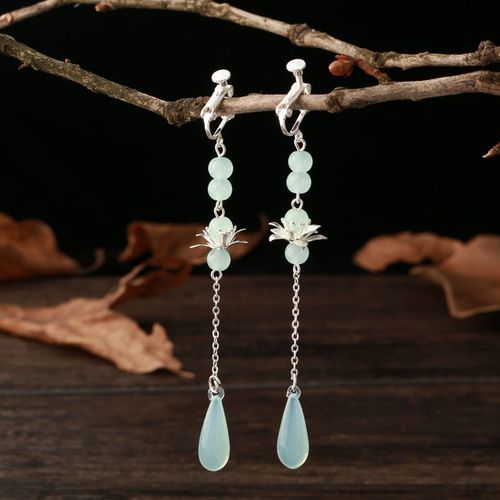 复古饰品古风莲花耳环无耳洞耳夹汉服耳饰古装流苏耳坠长款耳链女