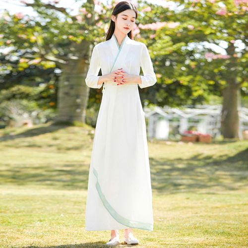 茶艺服装女 茶人服女中国风茶服夏禅意文艺中式改良祺旗袍白色仙气