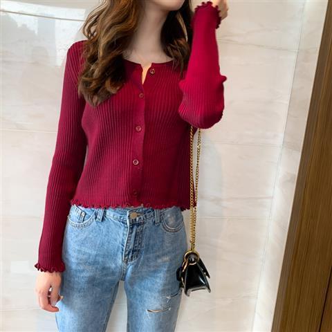 长袖宽松针织开衫外套打底毛衣女内搭小衫优雅知性休闲 枣红色 均码