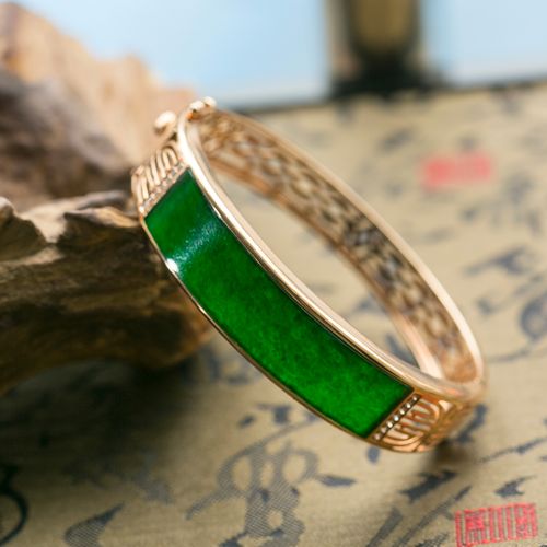 圈口56锦玉轩翡翠 阳绿翡翠手镯贵妃镯玉镯a货18k金镶嵌xx2073