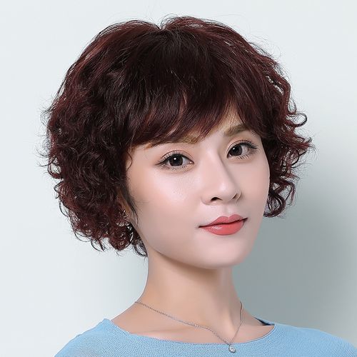 真发假发女短卷自然中年女士中长发型妈妈假头发真人发丝 发尾真发深