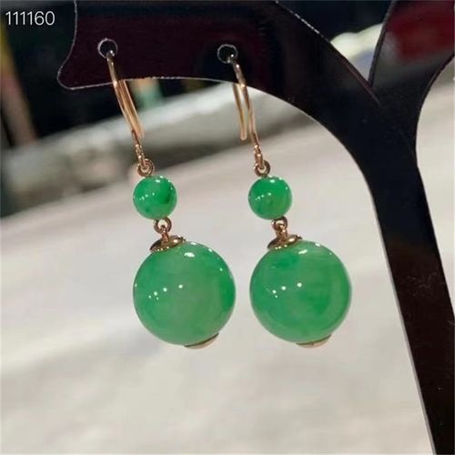 至翠斋 翡翠耳环翡翠18k金镶嵌阳绿色圆珠女款玉耳环