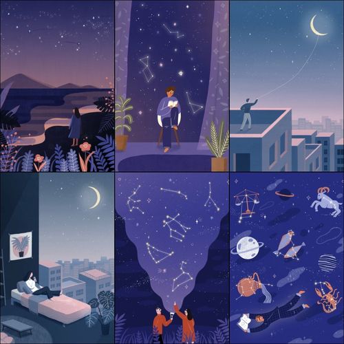 卡通意境唯美星空晚安系列手绘手机壳壁纸插图插画psd设计ui素材
