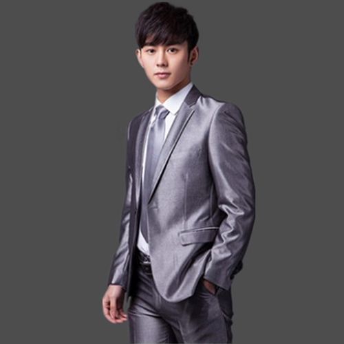 秋冬新款男士西装亮面西服套装修身小西装银灰色单扣