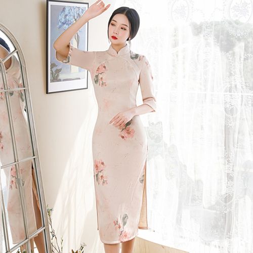 旗袍2021年新款年轻款中袖高雅气质七分袖淑女中长款