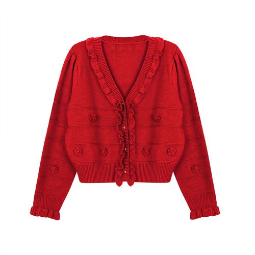 手工编织 澳毛绒立体花朵26支绵羊毛荷叶边毛衣开衫 四色