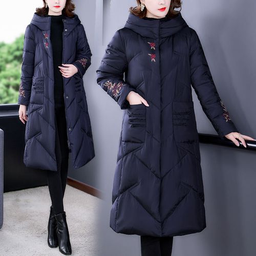 王小鸭冬装时尚保暖外套女2021新款妈妈中国风复古连帽刺绣羽绒服