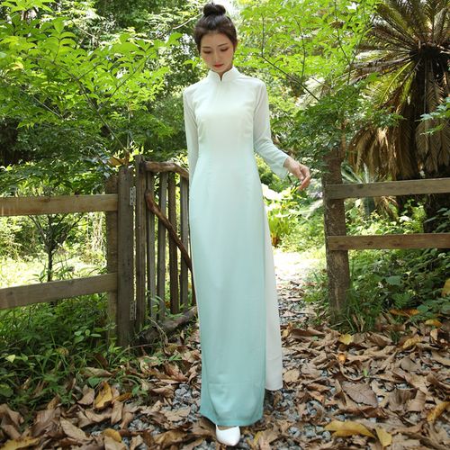 山有色茶服女禅意文艺中国风女越南奥黛旗袍渐变绿走秀仙女连衣裙