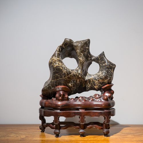 雅然文化清代灵璧石双洞赏石古玩古董收藏真品老物件文玩奇石赏石