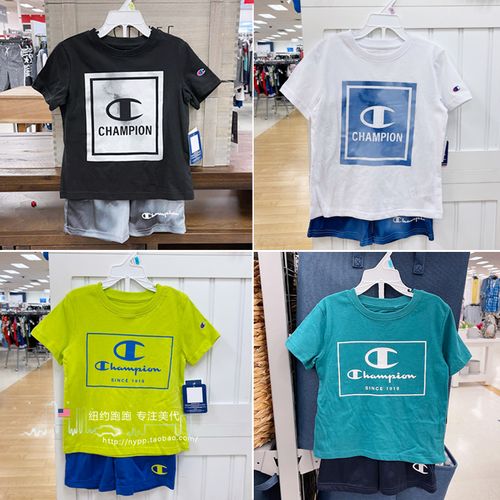 纽约跑跑 童装cham**pion男童醒目品牌logo短袖t恤 短裤套装2件套
