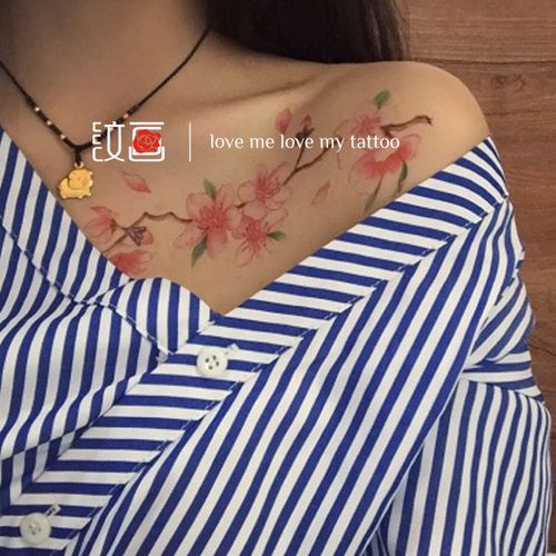 纹画女生&性感时尚原创纹身贴防水仿真唯美桃花遮疤锁骨买一送一